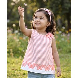 Babyhug Cotton Seer Sucker Woven Sleeveless Striped Top with Bow & Butterfly Applique - Multicolor