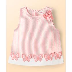 Babyhug Cotton Seer Sucker Woven Sleeveless Striped Top with Bow & Butterfly Applique - Multicolor
