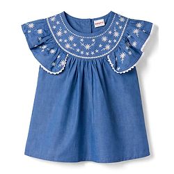 Babyhug 100% Cotton Chambray Woven Floral Embroidered Top - Blue