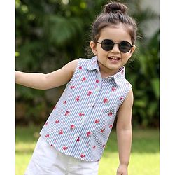 Babyhug Seer-Sucker Woven Sleeveless Striped Top with Floral Print - Multicolor
