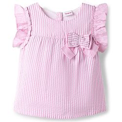 Babyhug Cotton Woven Frill Sleeves Striped Top with Bow Detailing - Pink
