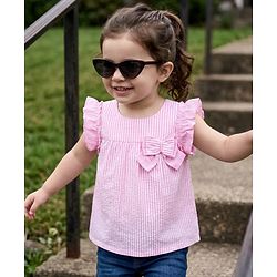 Babyhug Cotton Woven Frill Sleeves Striped Top with Bow Detailing - Pink