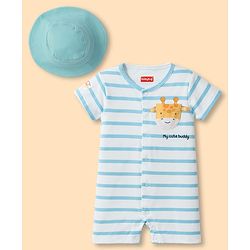 Babyhug 100% Cotton Knit Half Sleeves Striped Romper with Giraffe Print & Cap - Multicolor