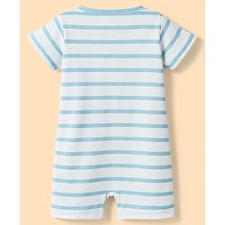 Babyhug 100% Cotton Knit Half Sleeves Striped Romper with Giraffe Print & Cap - Multicolor