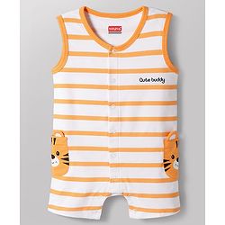 Babyhug 100% Cotton Interlock Knit Sleeveless Striped Romper & Cap With Lion Print - Multicolor