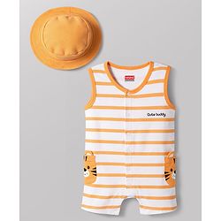 Babyhug 100% Cotton Interlock Knit Sleeveless Striped Romper & Cap With Lion Print - Multicolor