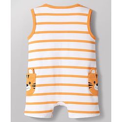 Babyhug 100% Cotton Interlock Knit Sleeveless Striped Romper & Cap With Lion Print - Multicolor