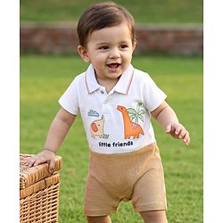 Babyhug 100% Cotton Interlock Knit Half Sleeves Romper with Dino Patch - White & Brown