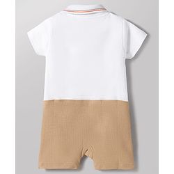 Babyhug 100% Cotton Interlock Knit Half Sleeves Romper with Dino Patch - White & Brown