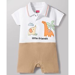 Babyhug 100% Cotton Interlock Knit Half Sleeves Romper with Dino Patch - White & Brown