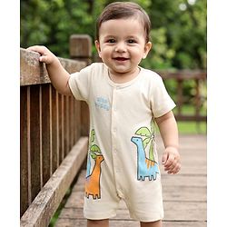 Babyhug 100% Cotton Knit Half Sleeves Romper with Animal Embroidery - Multicolor