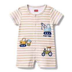 Babyhug 100% Cotton Knit Half Sleeves Striped & Vehicles Embroidered Romper - Multicolor
