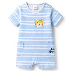 Babyhug 100% Cotton Knit Half Sleeves Striped Romper with Tiger Print - Multicolor