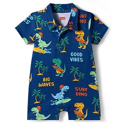 Babyhug 100% Cotton Knit Half Sleeves Romper with Beach Theme Print - Navy Blue