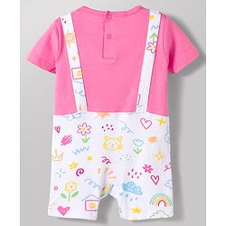 Babyhug 100% Cotton Knit Half Sleeves Dungaree Style Romper with Tropical Theme Print & Bow Applique - Multicolor