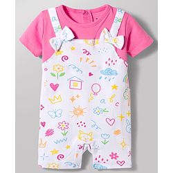 Babyhug 100% Cotton Knit Half Sleeves Dungaree Style Romper with Tropical Theme Print & Bow Applique - Multicolor