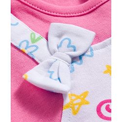 Babyhug 100% Cotton Knit Half Sleeves Dungaree Style Romper with Tropical Theme Print & Bow Applique - Multicolor