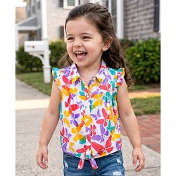 Babyhug Rayon Woven Half Frill Sleeves Butterfly Printed Top - Multicolour