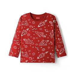 Babyhug Cotton Knit Full Sleeves Space Theme Printed Co-Ords T-Shirt & Pyjama Night Suit - Brown