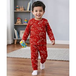 Babyhug Cotton Knit Full Sleeves Space Theme Printed Co-Ords T-Shirt & Pyjama Night Suit - Brown