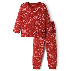 Babyhug Cotton Knit Full Sleeves Space Theme Printed Co-Ords T-Shirt & Pyjama Night Suit - Brown