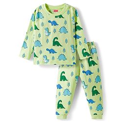 Babyhug Cotton Knit Full Sleeves Dino Printed Co-Ords T-Shirt & Pyjama Night Suit Set - Light Green