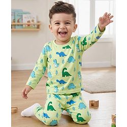 Babyhug Cotton Knit Full Sleeves Dino Printed Co-Ords T-Shirt & Pyjama Night Suit Set - Light Green