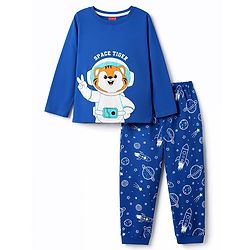 Babyhug Cotton Knit Full Sleeves Tiger & Space Theme Printed T-Shirt & Pyjama Night Suit - Blue