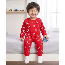 Babyhug Cotton Knit Full Sleeves Star Printed T-Shirt & Pyjama Co-Ord Night Suit Set- Red