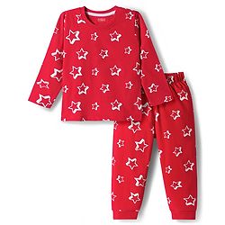 Babyhug Cotton Knit Full Sleeves Star Printed T-Shirt & Pyjama Co-Ord Night Suit Set- Red