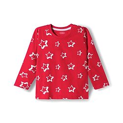 Babyhug Cotton Knit Full Sleeves Star Printed T-Shirt & Pyjama Co-Ord Night Suit Set- Red