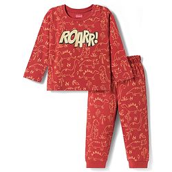 Babyhug Cotton Knit Full Sleeves Dino Printed T-Shirt & Pyjama Co-Ord Night Suit Set- Brown