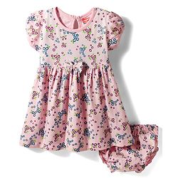 Babyhug Single Jersey Knit Half Sleeves Frock With Floral Print & Bloomer - Pink