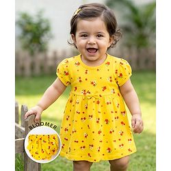 Babyhug Single Jersey Knit Half Sleeves Floral Printed Frock with Bloomer & Bow Applique - Yellow