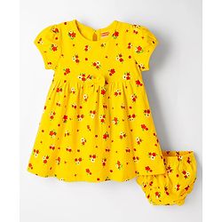 Babyhug Single Jersey Knit Half Sleeves Floral Printed Frock with Bloomer & Bow Applique - Yellow