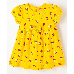 Babyhug Single Jersey Knit Half Sleeves Floral Printed Frock with Bloomer & Bow Applique - Yellow
