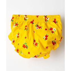 Babyhug Single Jersey Knit Half Sleeves Floral Printed Frock with Bloomer & Bow Applique - Yellow