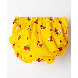 Babyhug Single Jersey Knit Half Sleeves Floral Printed Frock with Bloomer & Bow Applique - Yellow