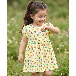 Babyhug 100% Cotton Knit Half Sleeves Hearts Printed Frock With Bow Applique - Yellow