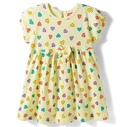 Babyhug 100% Cotton Knit Half Sleeves Hearts Printed Frock With Bow Applique - Yellow