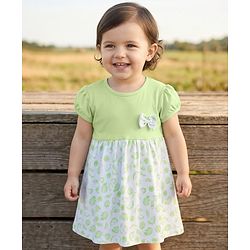 Babyhug Single Jersey Knit Half Sleeves Tropical Theme Printed Frock with Bow Applique - Green