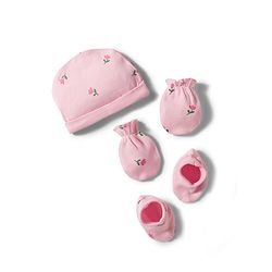 Babyhug 100% Cotton Knit Floral Printed Cap Mittens & Booties Set Pink - Diameter 12.5 cm