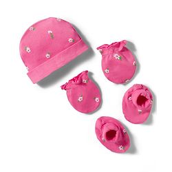 Babyhug 100% Cotton Knit Floral Printed Cap Mittens & Booties Set Pink - Diameter 9.5 cm