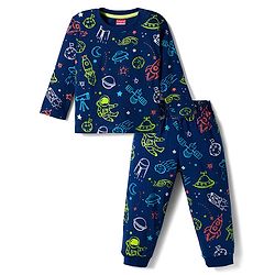 Babyhug Cotton Knit Full Sleeves T-Shirt & Pyjama Co-ord Night Suit With Space Theme Print - Navy Blue