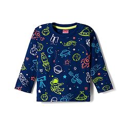 Babyhug Cotton Knit Full Sleeves T-Shirt & Pyjama Co-ord Night Suit With Space Theme Print - Navy Blue