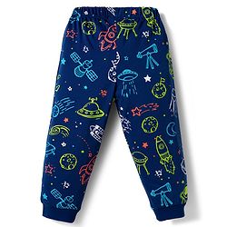 Babyhug Cotton Knit Full Sleeves T-Shirt & Pyjama Co-ord Night Suit With Space Theme Print - Navy Blue