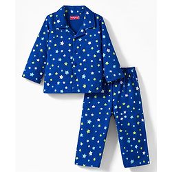 Babyhug Cotton Knit Full Sleeves Co-Ords Shirt & Pyjama Night-Suit With Star Print - Blue