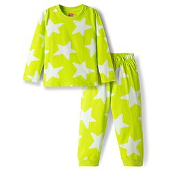 Babyhug Cotton Knit Full Sleeves Co-ords T-Shirt & Pajama Night Suit with Star Print - Light Green