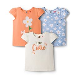 Babyhug 100% Cotton Knit Half Sleeves T-Shirts with Floral Print Pack of 3 - Orange Cream & Blue