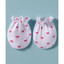 Babyhug 100% Cotton Knit Cap Mittens & Booties Set with Bow Print White - Diameter 12 cm